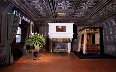 Chenonceau Castle interior with ornate fireplace and canopy bed.