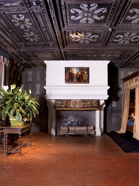 Chenonceau Castle interior with ornate fireplace and canopy bed.