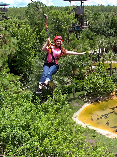 Tourist zip lining over Alligator Breeding Marsh surrounded by lush greenery.