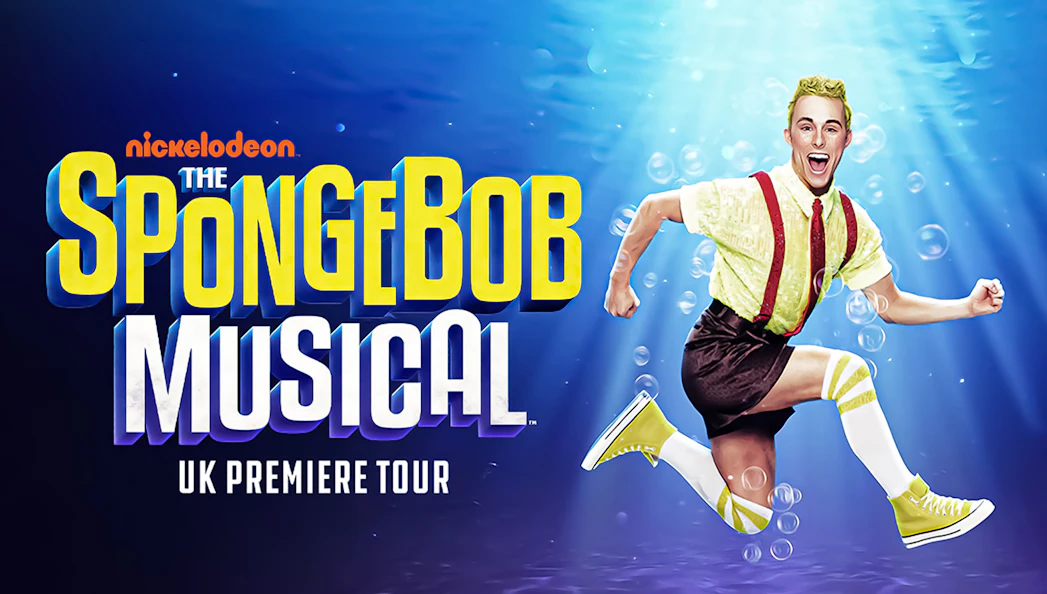 The SpongeBob Musical UK Premiere Tour poster with character in yellow outfit.