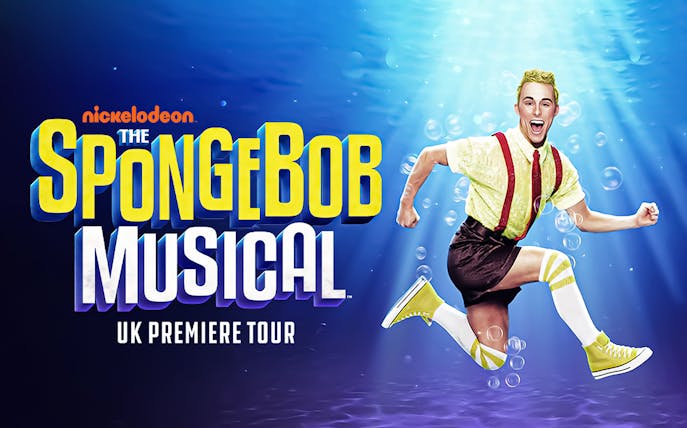 The SpongeBob Musical UK Premiere Tour poster with character in yellow outfit.