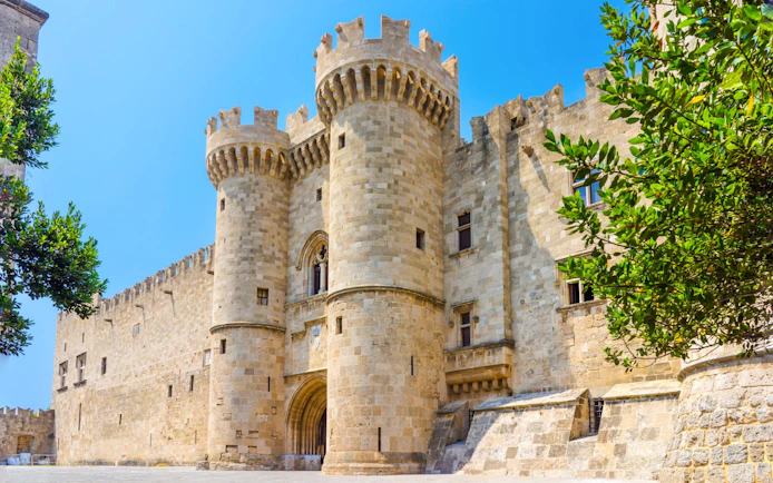Palace of the Grand Master in Rhodes, Greece, with medieval stone architecture.