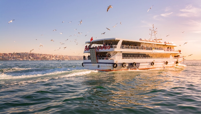 Tourist ship sailing through the Bosphorus in Istanbul with cityscape in the background.