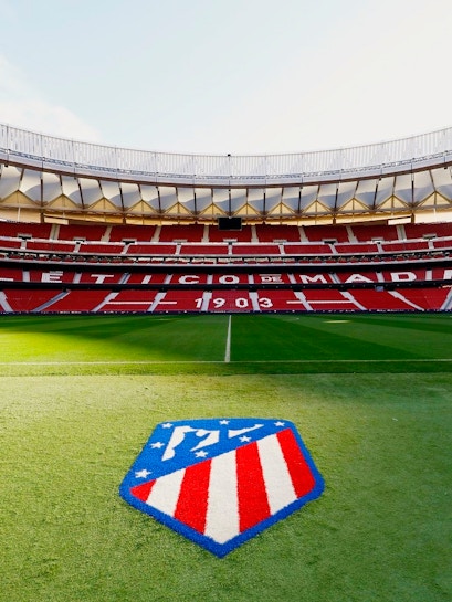 Atlético de Madrid Stadium in Madrid, empty red seats and green field.