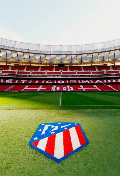 Atlético de Madrid Stadium in Madrid, empty red seats and green field.
