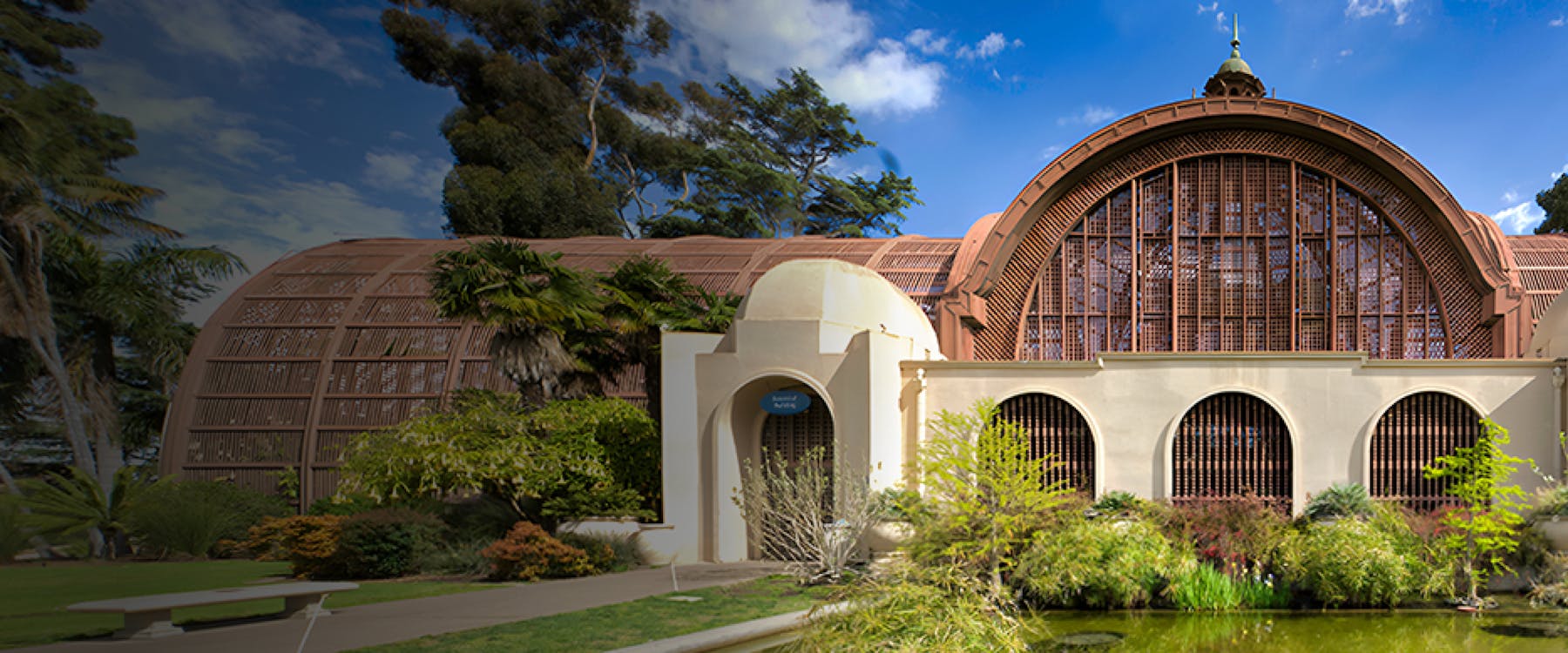Balboa Park Botanical Building with pond in San Diego, United States.