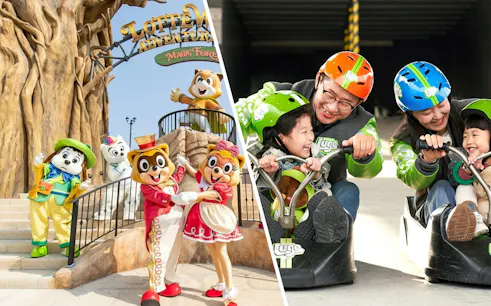 Lotte World Adventure Busan mascots and families enjoying luge ride.