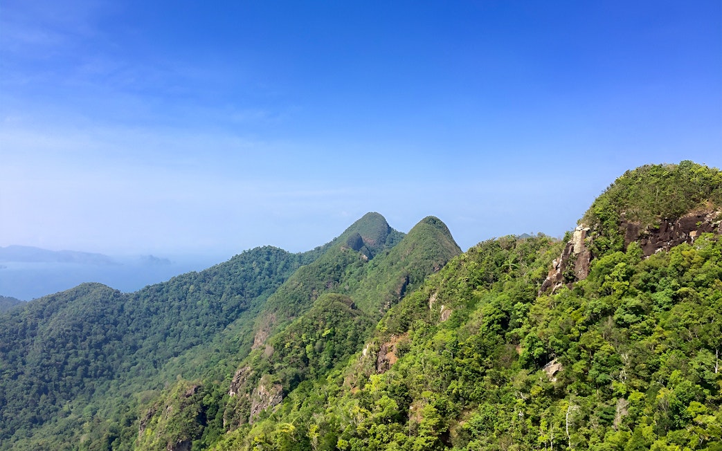 Langkawi lush green hills under clear blue sky, ideal for bird watching tour.