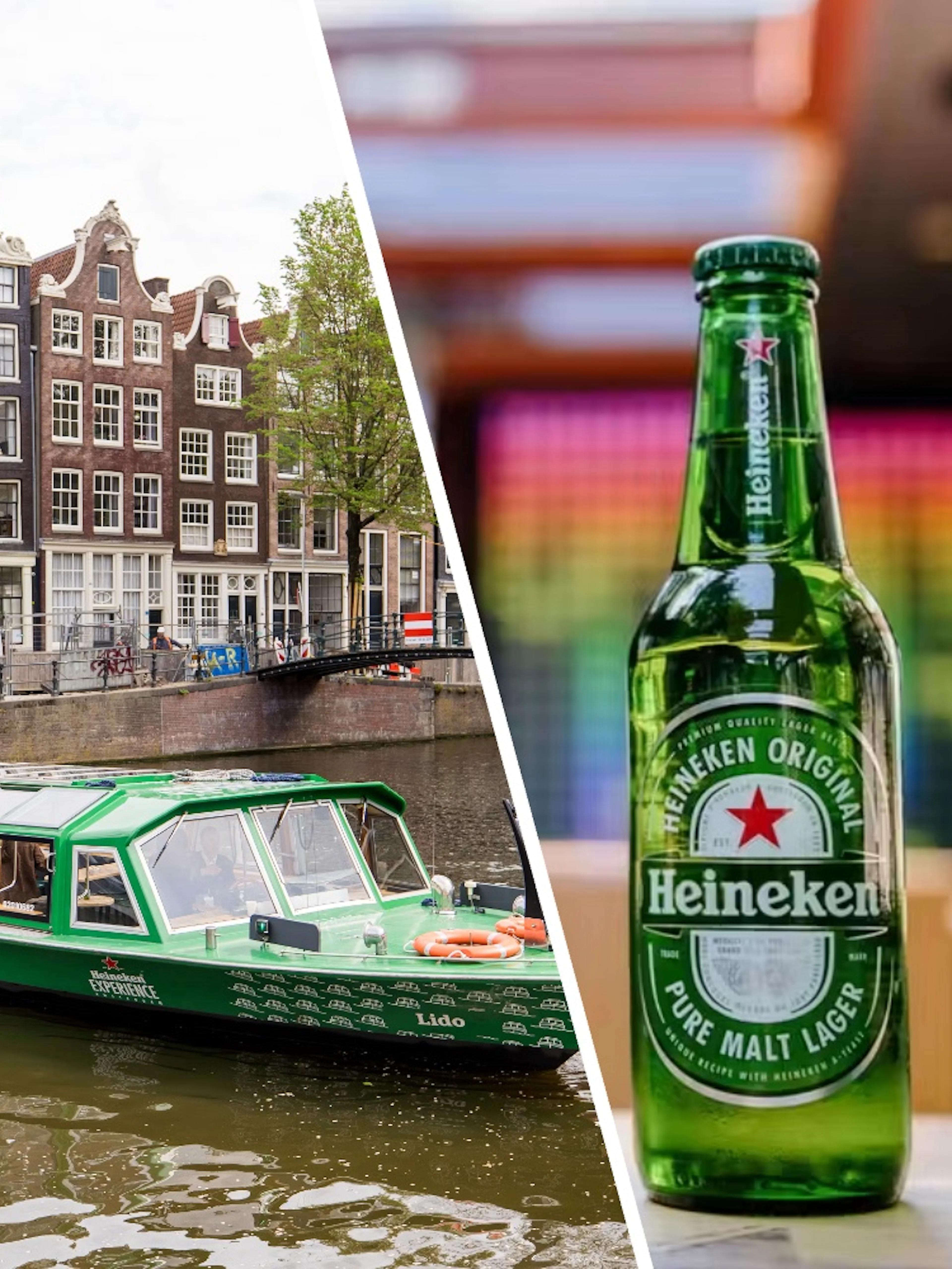 Heineken cruise boat on Amsterdam canal with Heineken bottles.