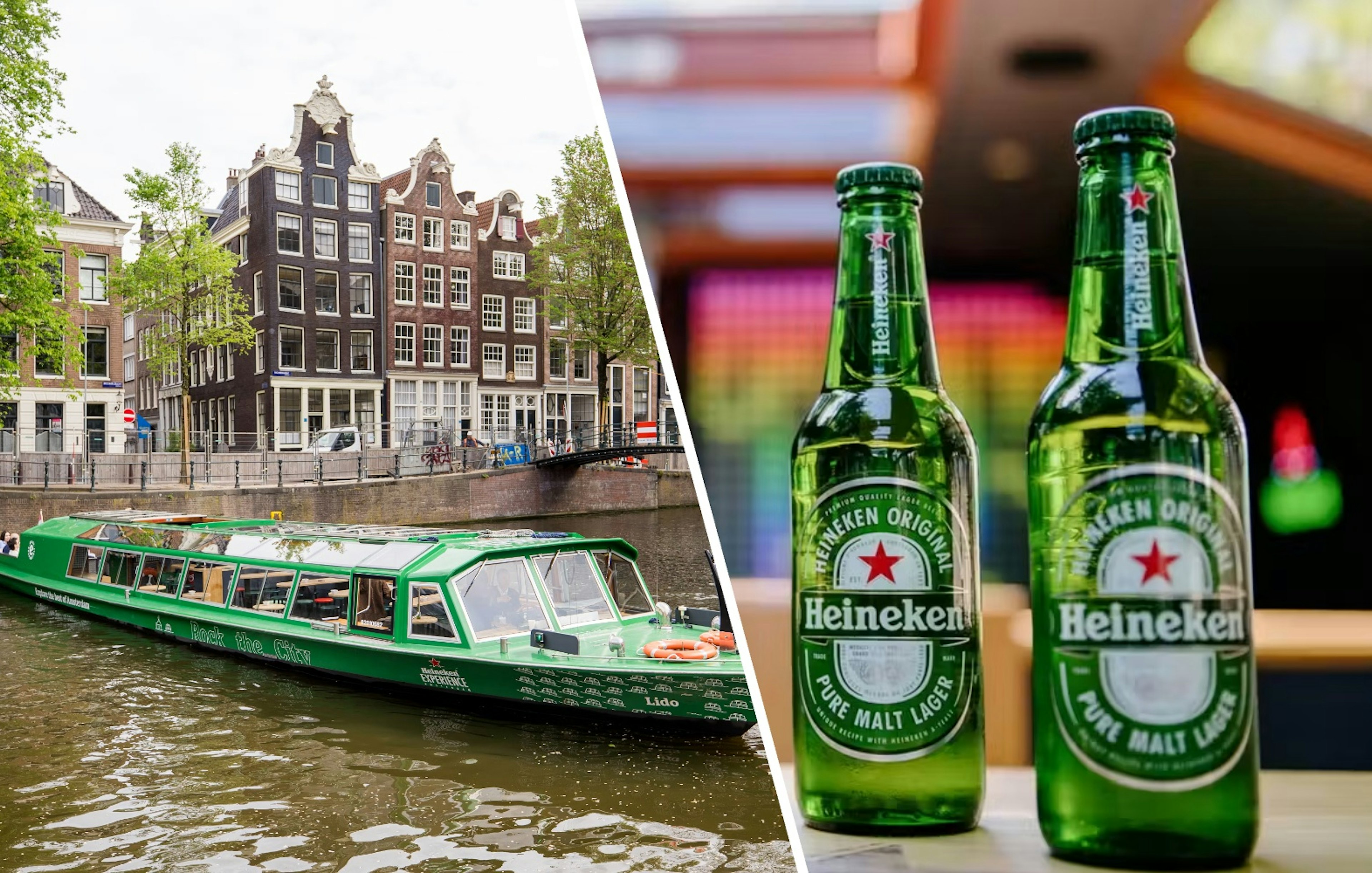 Heineken cruise boat on Amsterdam canal with Heineken bottles.