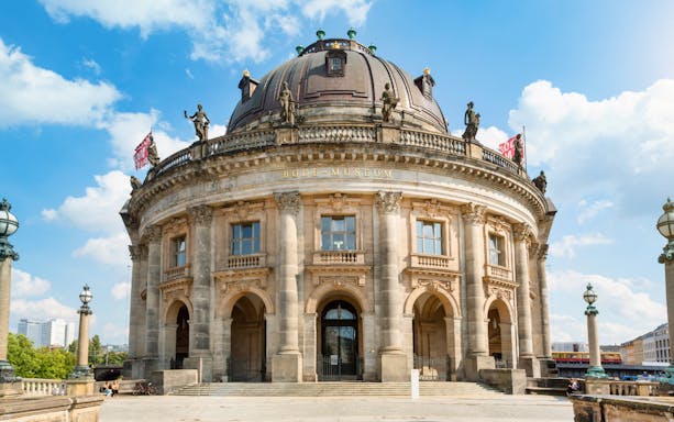 Bode Museum on Museum Island, Berlin, with neoclassical architecture and statues.