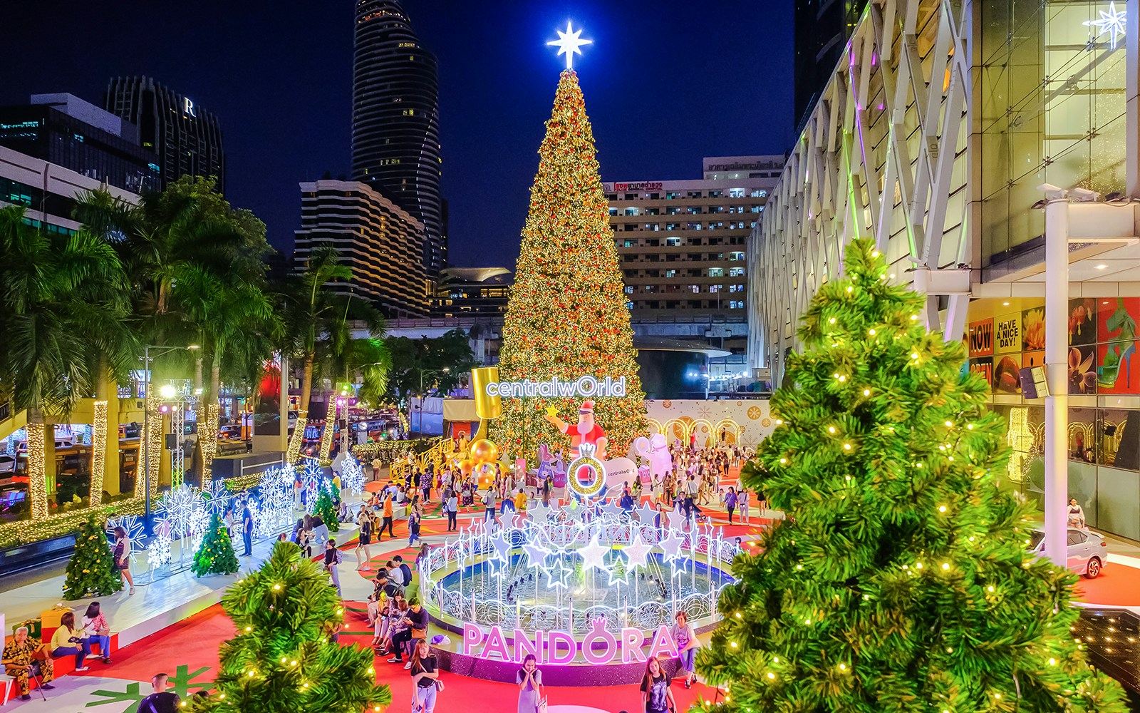 Central World Bangkok Christmas tree and festive decorations at night.