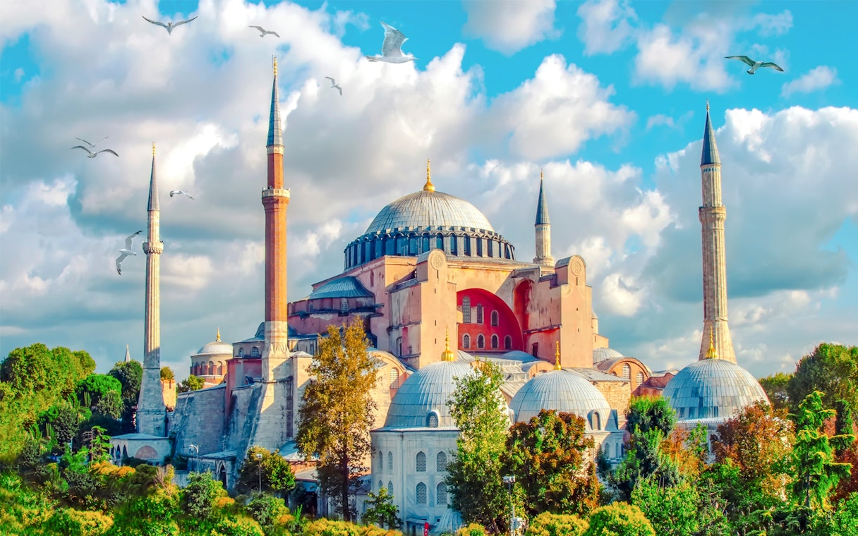 Hagia Sophia exterior with minarets and dome, Istanbul, Turkey.