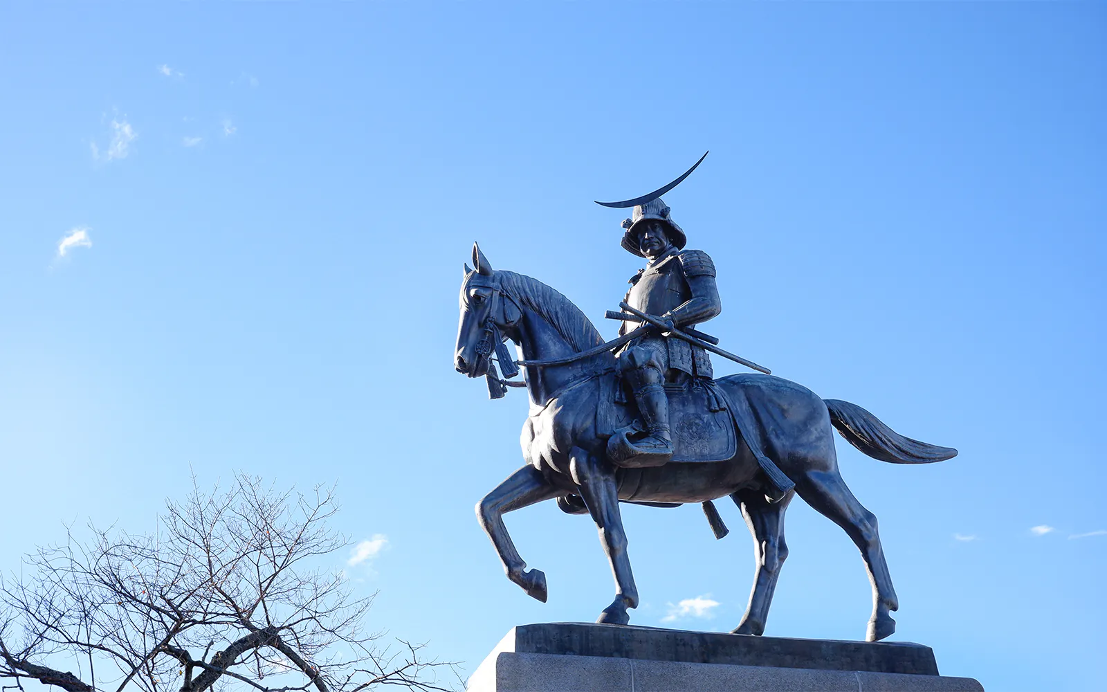 Bronze equestrian statue of Lord Date Masamune at Aoba Castle in Sendai, Japan.