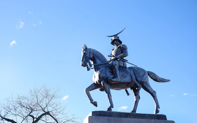 Bronze equestrian statue of Lord Date Masamune at Aoba Castle in Sendai, Japan.