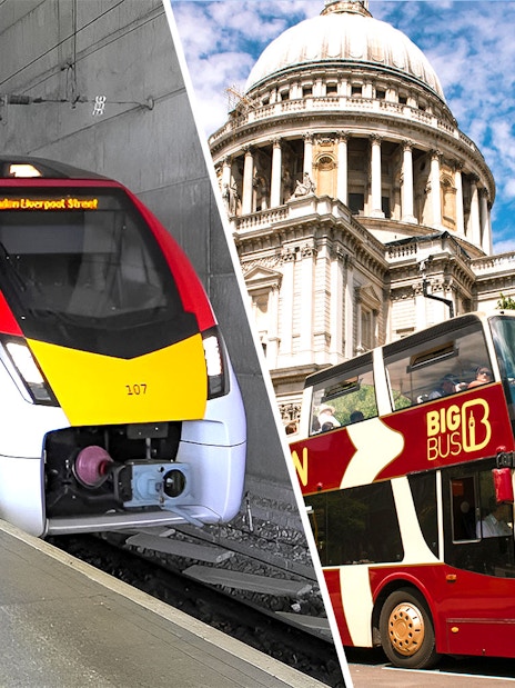 Train at London Liverpool Street and double-decker buses near St. Paul's Cathedral.