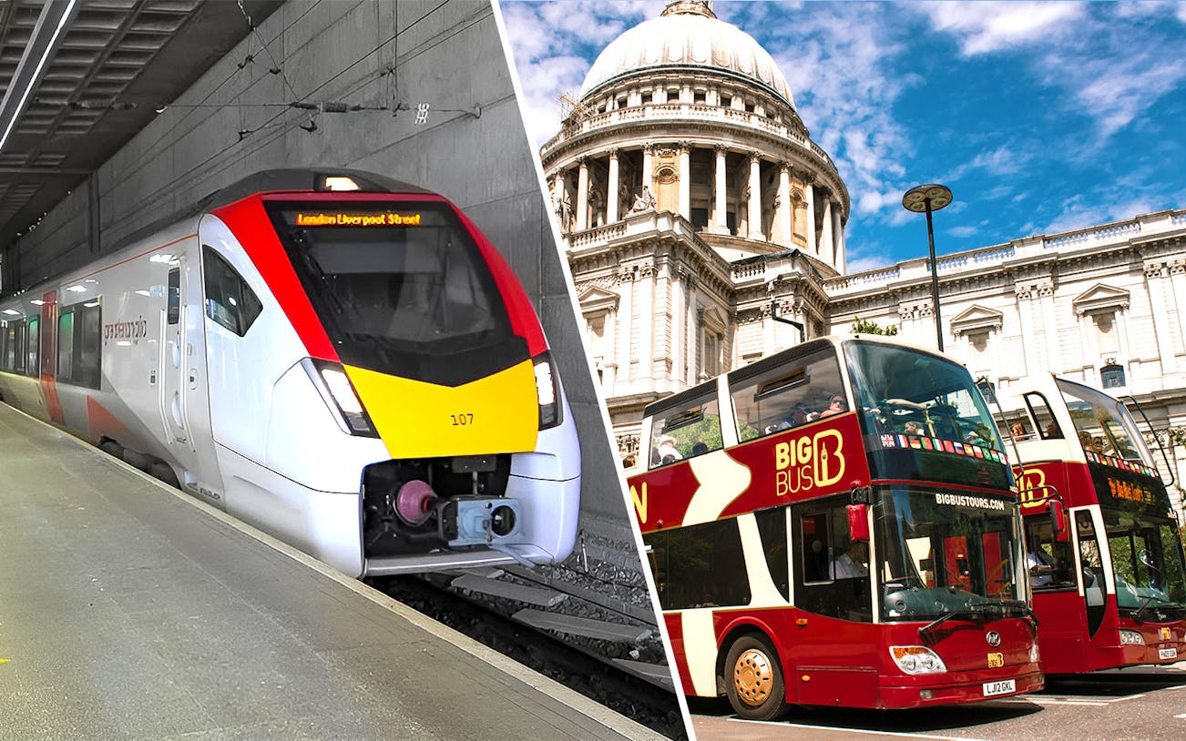 Train at London Liverpool Street and double-decker buses near St. Paul's Cathedral.