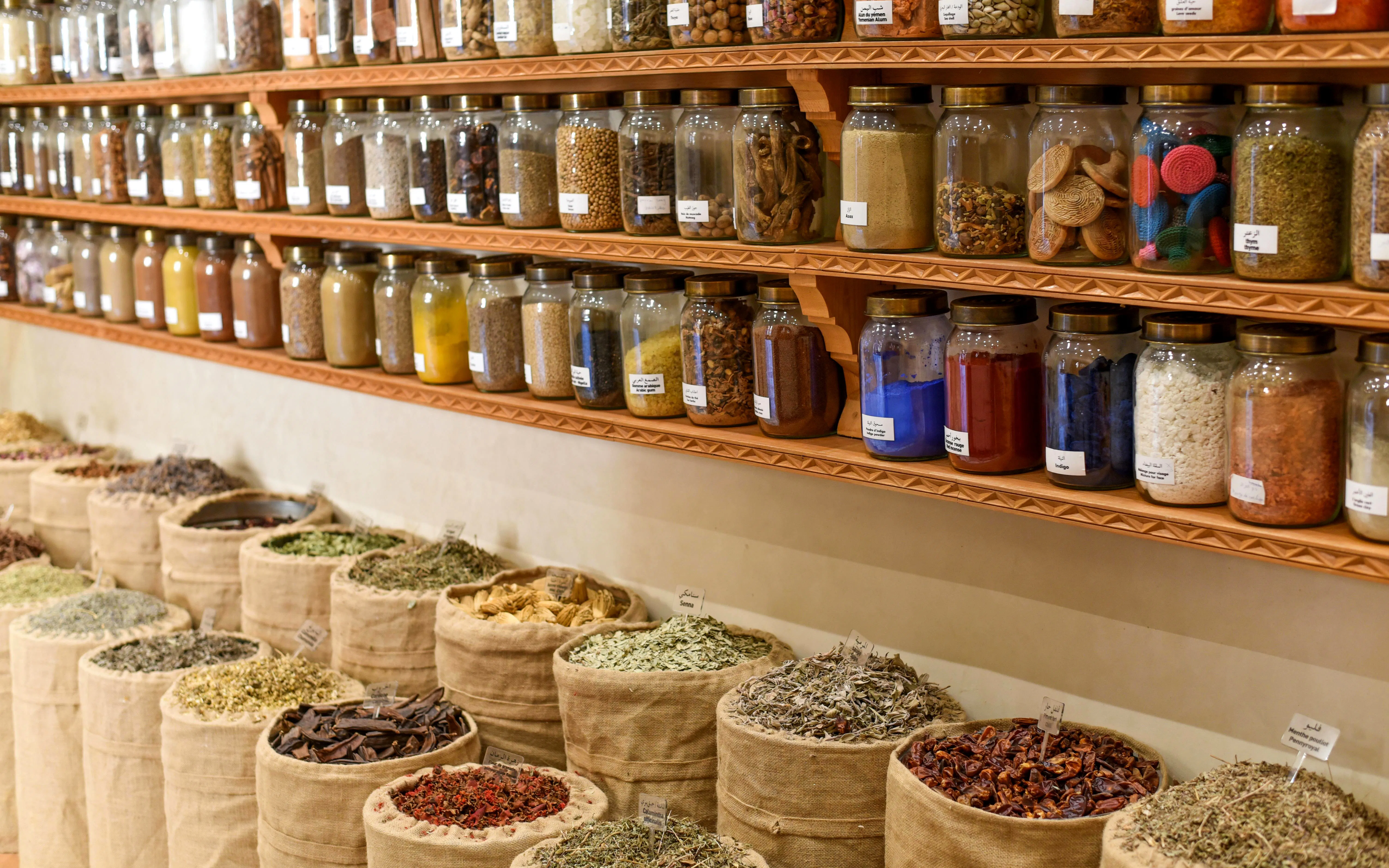 Jars of dried seeds and spices at the Moroccan Museum of Culinary Arts.