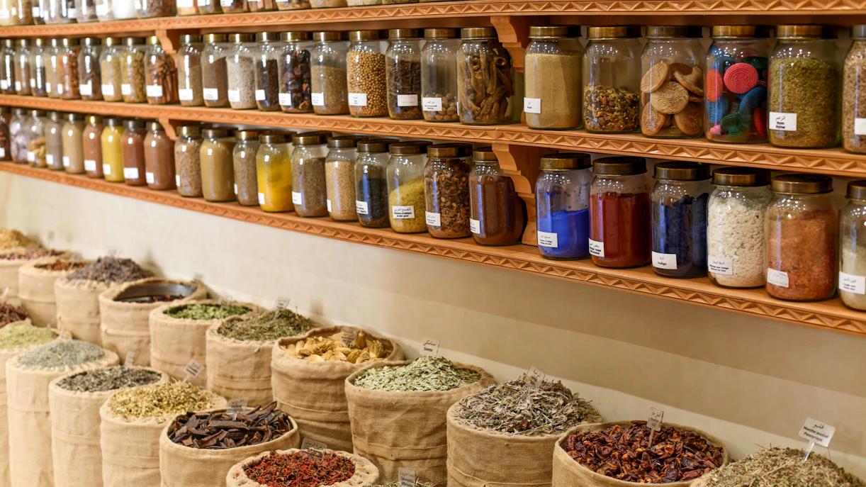 Jars of dried seeds and spices at the Moroccan Museum of Culinary Arts.