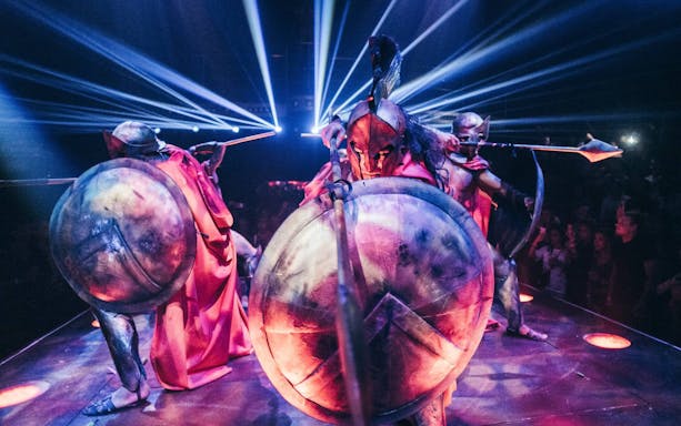 Warriors in armor performing at Coco Bongo Show & Disco.