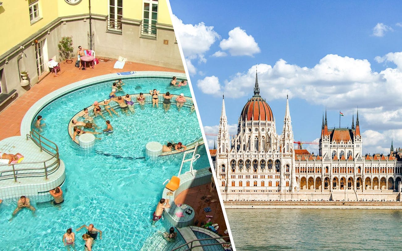 Lukacs Bath pool with visitors and Hungarian Parliament building in Budapest.