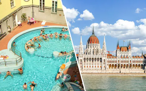 Lukacs Bath pool with visitors and Hungarian Parliament building in Budapest.