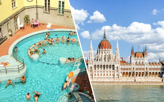 Lukacs Bath pool with visitors and Hungarian Parliament building in Budapest.