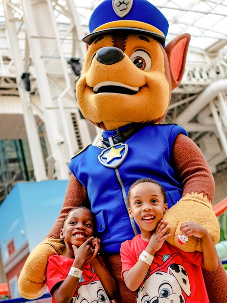 Children with a Paw Patrol character at Nickelodeon Universe, American Dream.