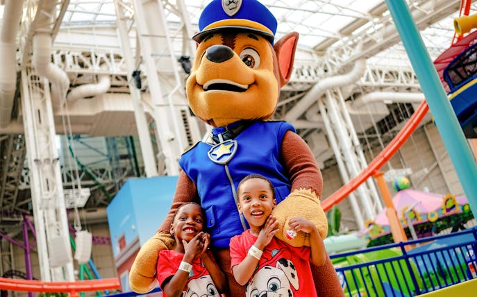 Children with a Paw Patrol character at Nickelodeon Universe, American Dream.