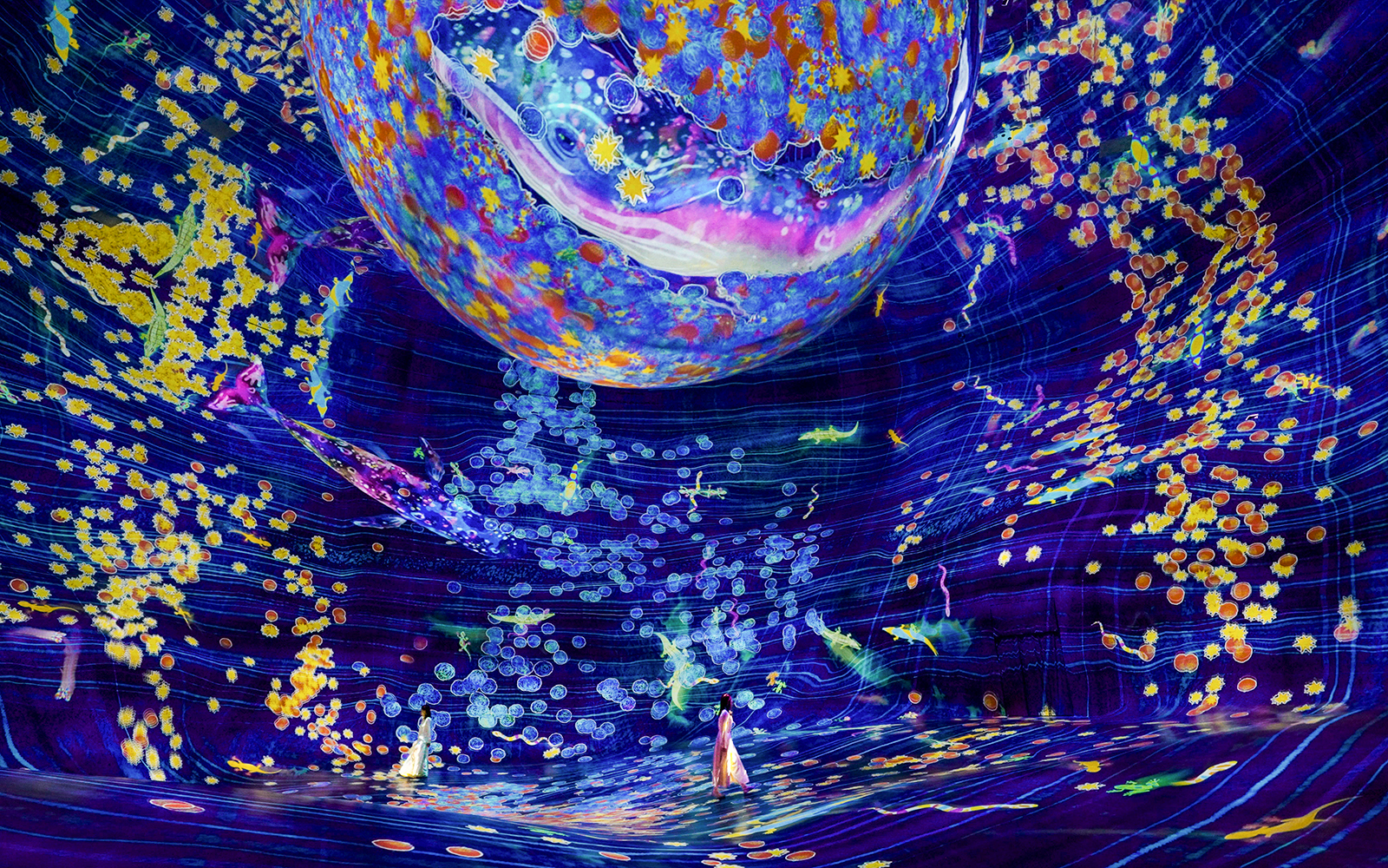 Interactive digital art installation at Team Lab Abu Dhabi with vibrant colors and floating elements.