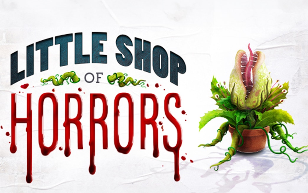 Little Shop of Horrors logo with a potted carnivorous plant illustration.