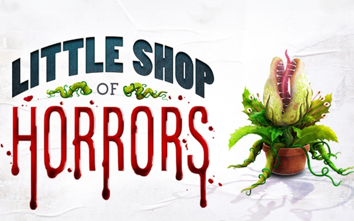 Little Shop of Horrors logo with a potted carnivorous plant illustration.