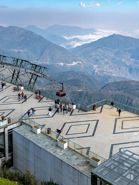 Cable car station at Sun World Fansipan Legend with mountain views in Vietnam.