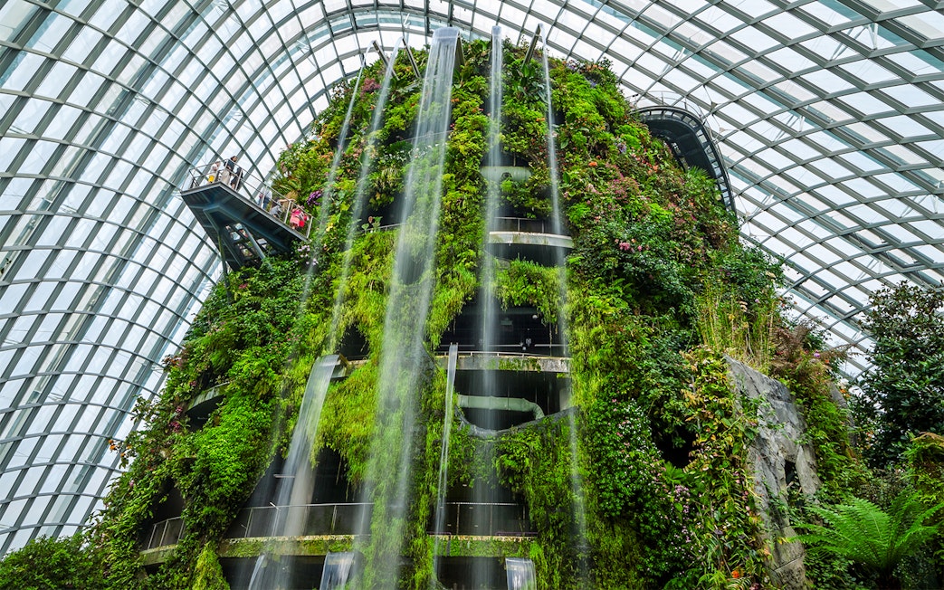 Cloud forest waterfall inside Gardens by the Bay, Singapore.