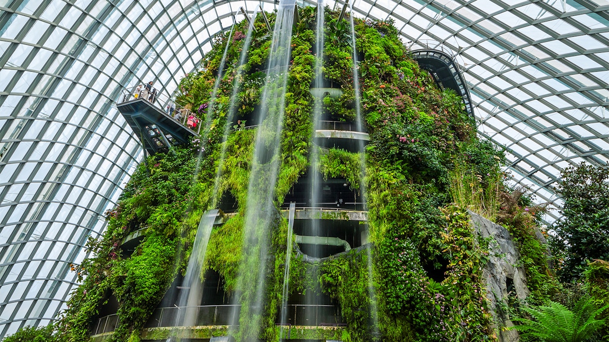 Cloud forest waterfall inside Gardens by the Bay, Singapore.
