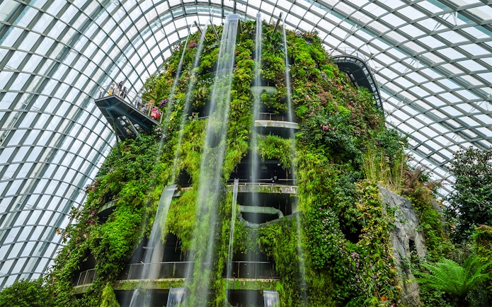 Cloud forest waterfall inside Gardens by the Bay, Singapore.