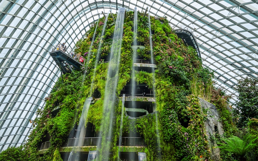 Cloud forest waterfall inside Gardens by the Bay, Singapore.