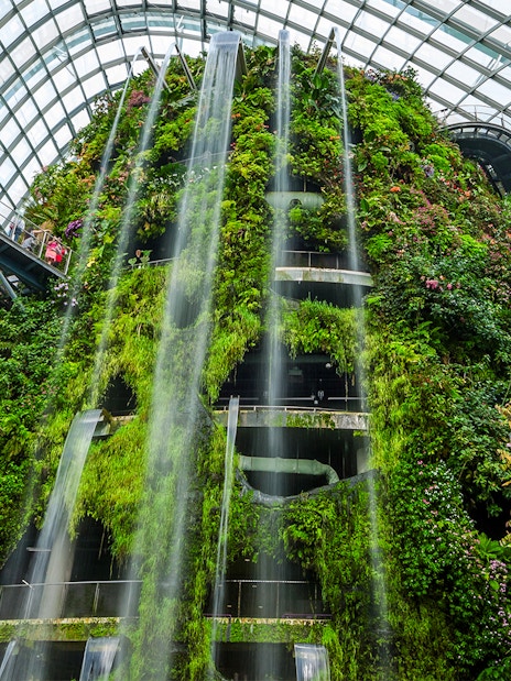 Cloud forest waterfall inside Gardens by the Bay, Singapore.