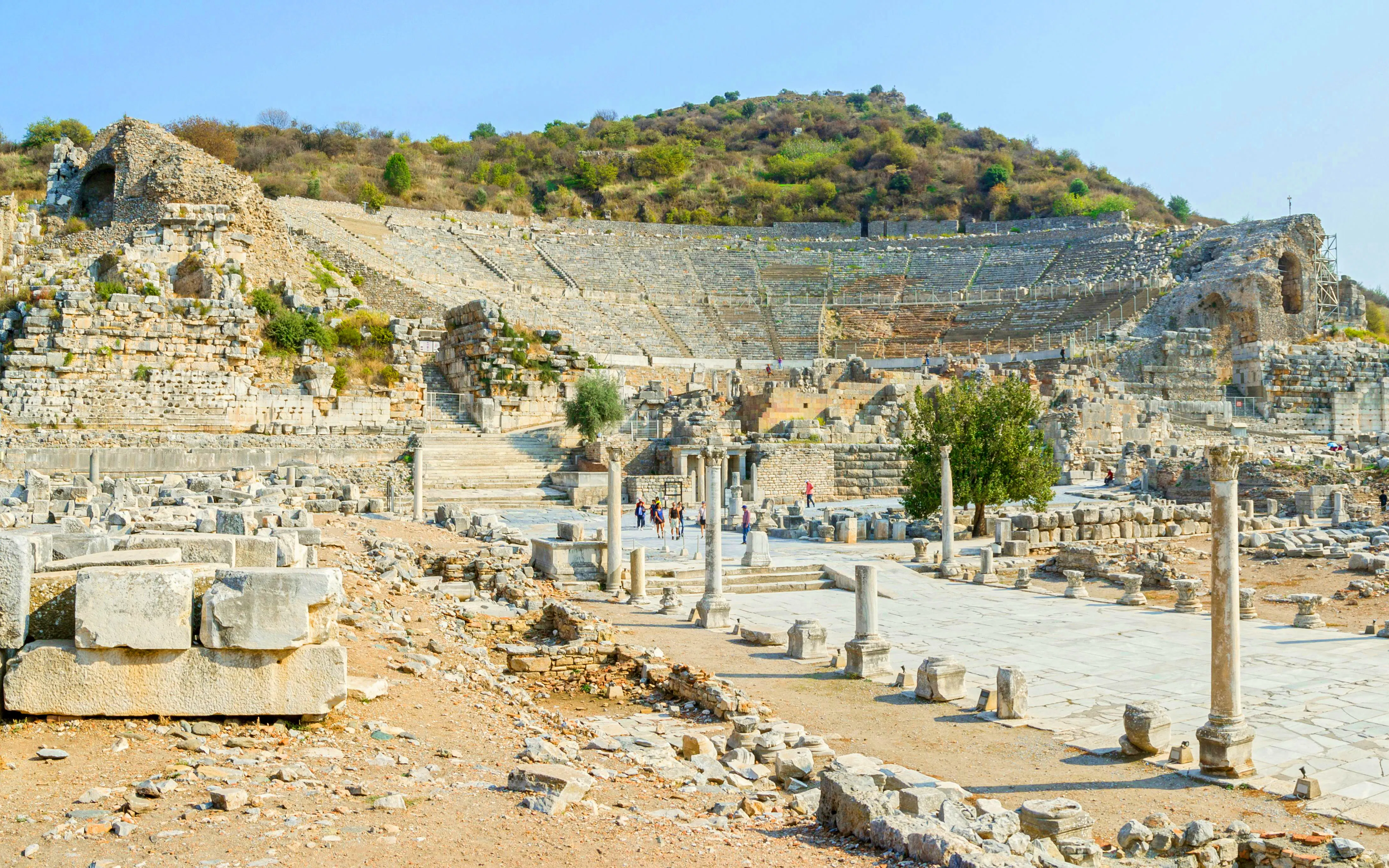 Panorama of Ephesus amphitheatre ruins with columns, Turkey.