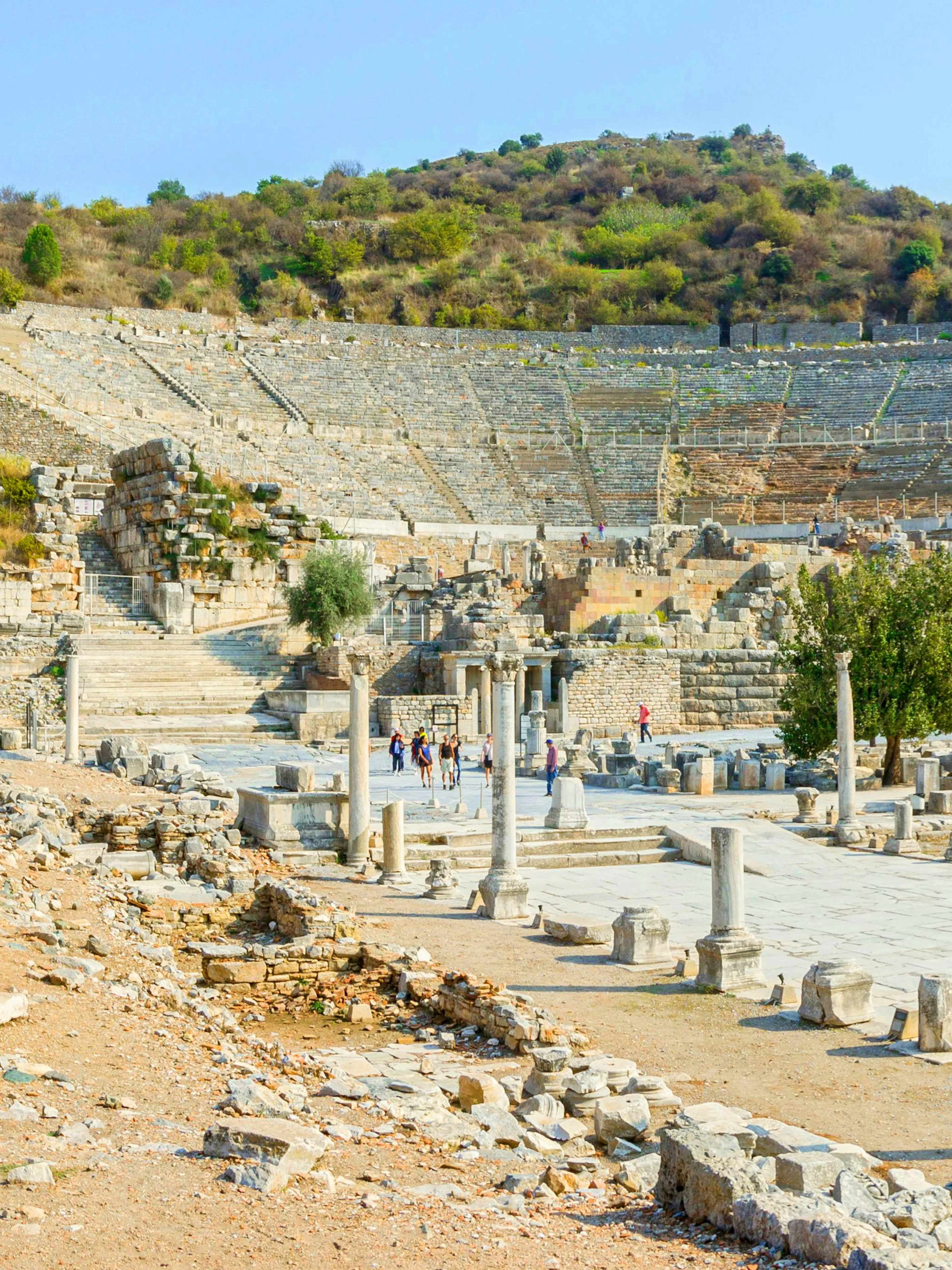 Panorama of Ephesus amphitheatre ruins with columns, Turkey.