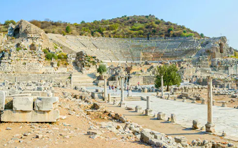 Panorama of Ephesus amphitheatre ruins with columns, Turkey.