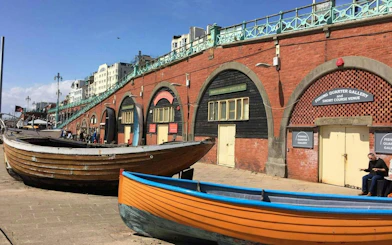 Fishing Quarter Gallery and boats along Brighton seafront, part of the Brighton Highlights Lost Letter game.