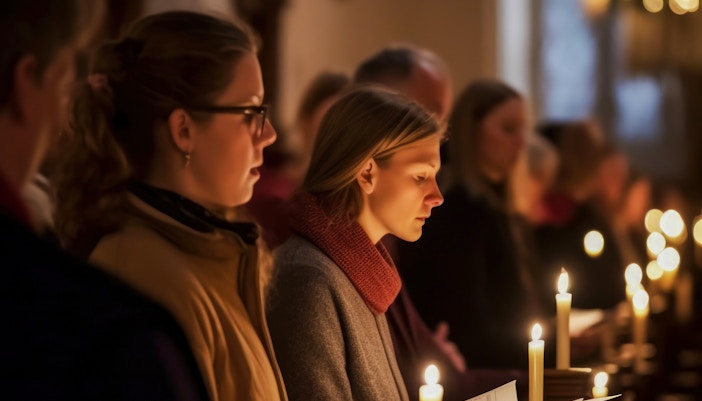 People holding candles during Christmas service at Canterbury Cathedral.