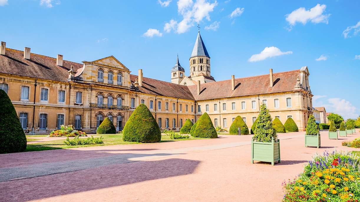 Abbaye de Cluny courtyard with manicured hedges and historic architecture, Lyon, France.