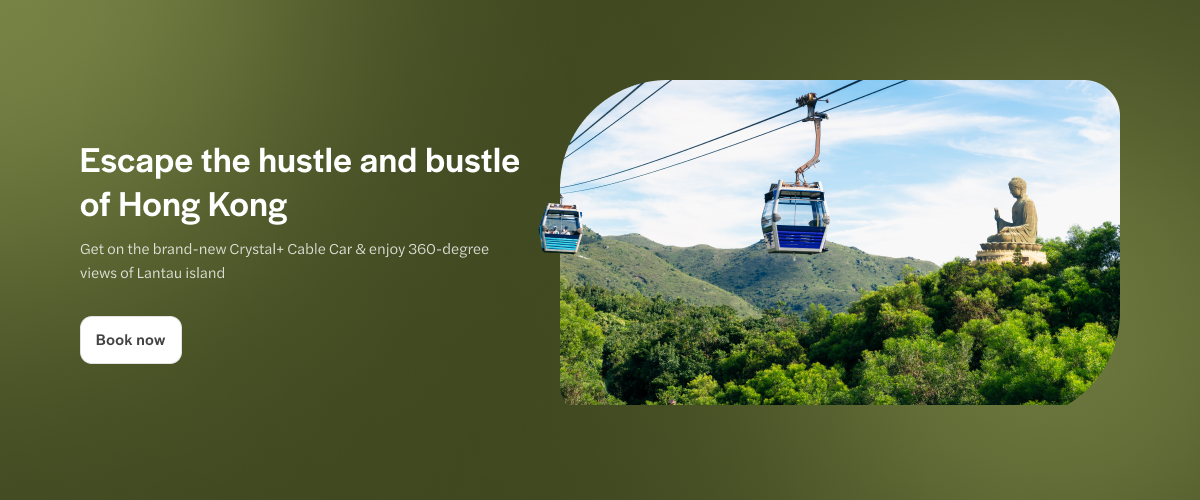 Cable car over Lantau Island with Tian Tan Buddha in Hong Kong.