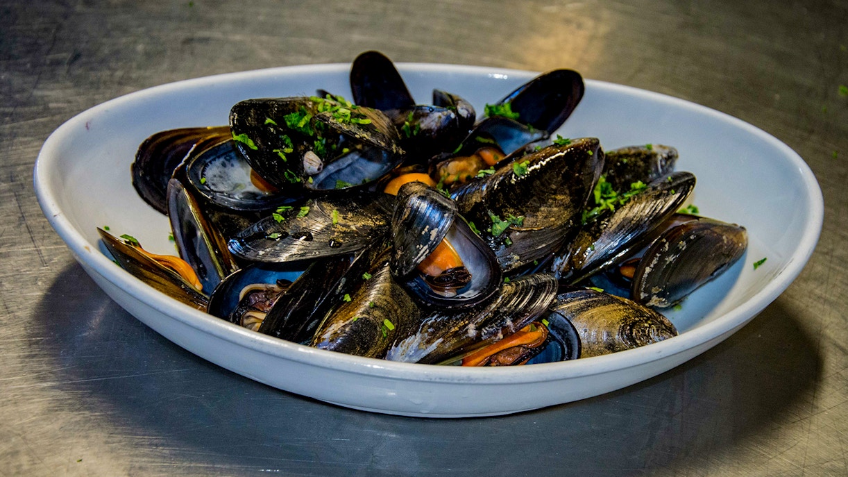 Italian mussels dish Impepata di Cozze in a white bowl with herbs.