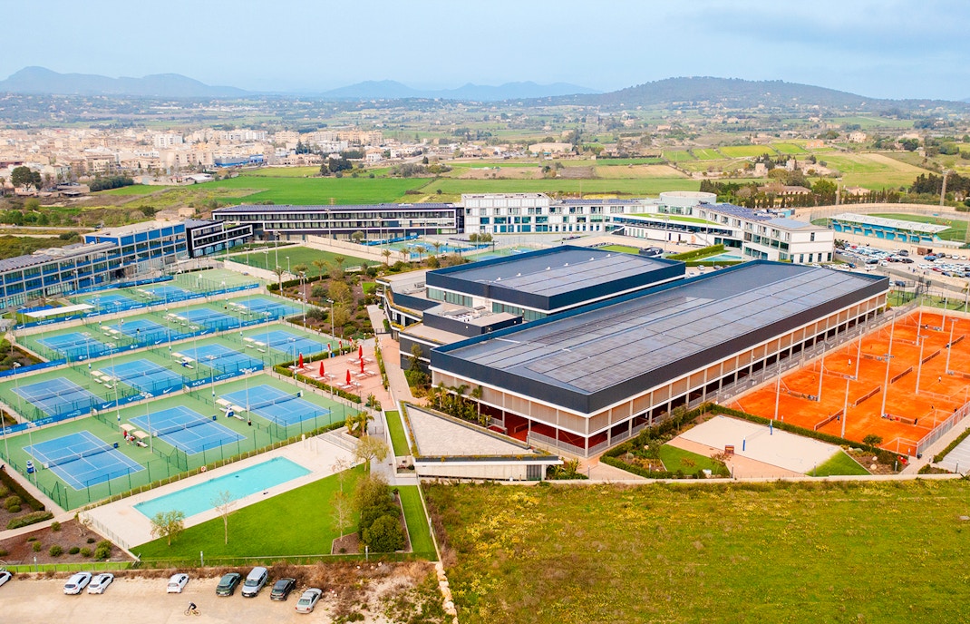 Aerial view of Rafa Nadal Museum Xperience with tennis courts in Mallorca, Spain.