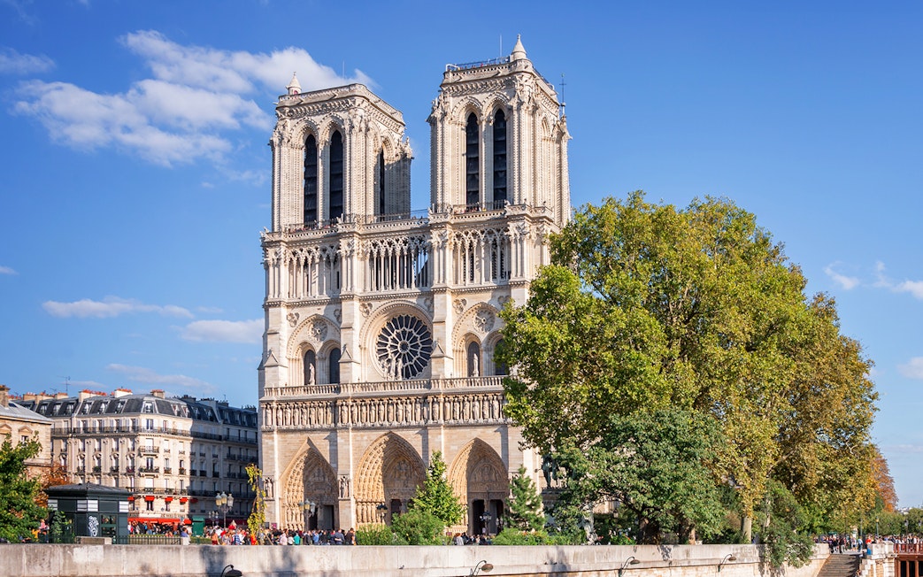 Notre-Dame Cathedral viewed from the Seine River during a sightseeing cruise in Paris.