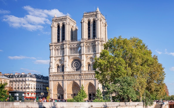 Notre-Dame Cathedral viewed from the Seine River during a sightseeing cruise in Paris.