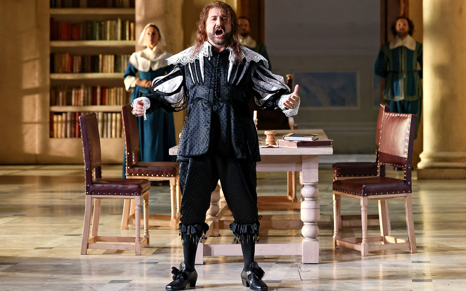 Opera performer in period costume singing during "The Marriage of Figaro" scene.